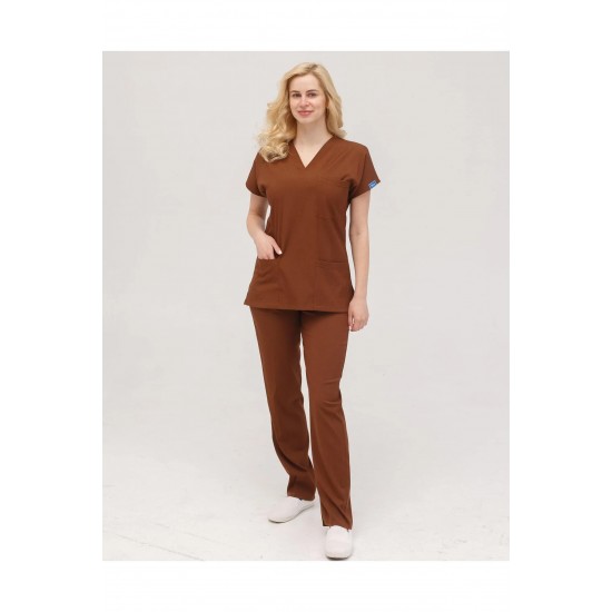 Kahverengi Likralı Forma Takım Flex Kumaş Scrubs
