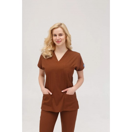 Kahverengi Likralı Forma Takım Flex Kumaş Scrubs