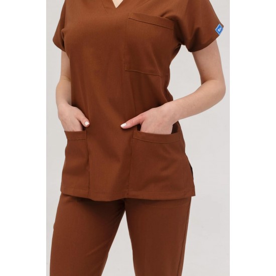 Kahverengi Likralı Forma Takım Flex Kumaş Scrubs