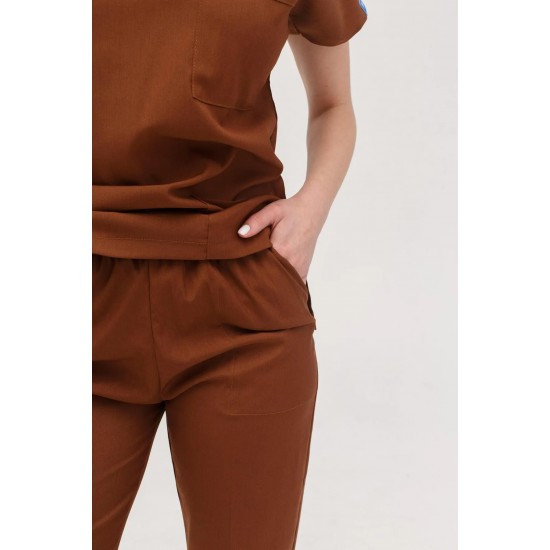 Kahverengi Likralı Forma Takım Flex Kumaş Scrubs