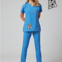 Kedi Baskılı Likralı (Esnek) Greys (Yarasa Kol) Cerrahi Takım