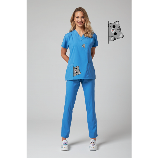 Kedi Baskılı Likralı (Esnek) Greys (Yarasa Kol) Cerrahi Takım