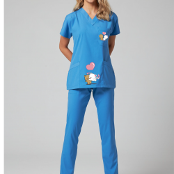 Sevgili Kedi Baskılı Likralı (Esnek) Greys (Yarasa Kol) Cerrahi Takım