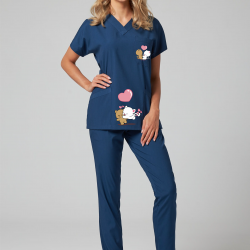 Sevgili Kedi Baskılı Likralı (Esnek) Greys (Yarasa Kol) Cerrahi Takım