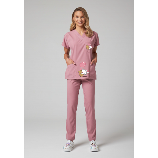 Sevgili Kedi Baskılı Likralı (Esnek) Greys (Yarasa Kol) Cerrahi Takım