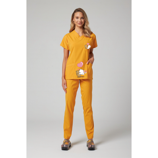 Sevgili Kedi Baskılı Likralı (Esnek) Greys (Yarasa Kol) Cerrahi Takım