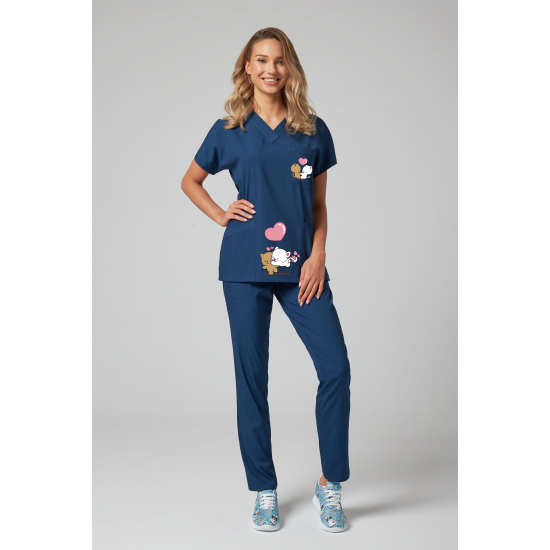 Sevgili Kedi Baskılı Likralı (Esnek) Greys (Yarasa Kol) Cerrahi Takım