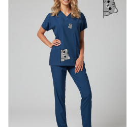 Kedi Baskılı Likralı (Esnek) Greys (Yarasa Kol) Cerrahi Takım