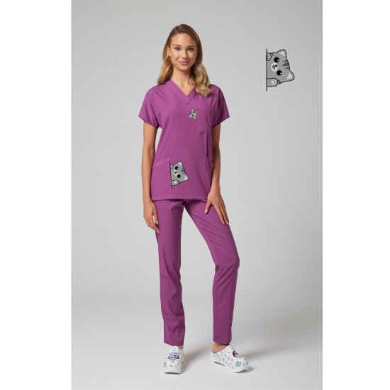 Kedi Baskılı Likralı (Esnek) Greys (Yarasa Kol) Cerrahi Takım