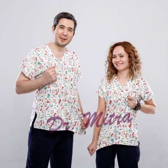 Beyaz Hastane Desenli Likralı (Esnek) Greys (Yarasa Kol) Cerrahi Takım