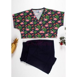 Flamingo Desenli Likralı (Esnek) Greys (Yarasa Kol) Cerrahi Takım