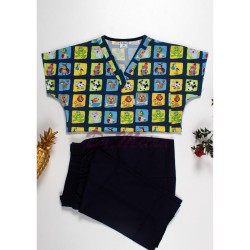 Kare Hayvan Desenli Likralı (Esnek) Greys (Yarasa Kol) Cerrahi Takım