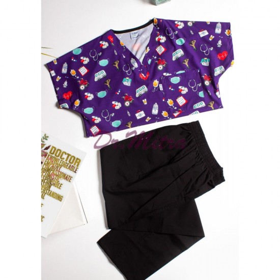 Koyu Mor Maske Desen Likralı Greys Cerrahi Takım