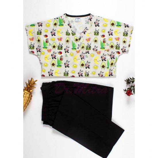 Krem Panda Avokado Desen Likralı Greys Cerrahi Takım