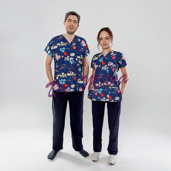 Lacivert Ambulans Desen Likralı Greys Cerrahi Takım