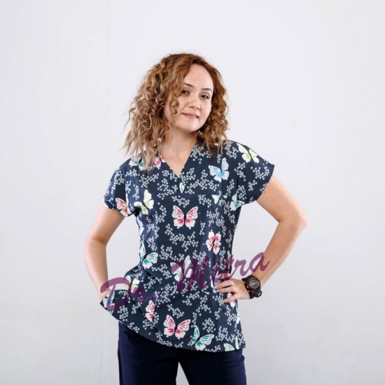 Lacivert Kelebek Desenli Likralı Greys Cerrahi Takım