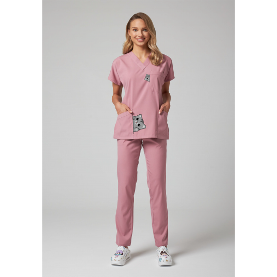 Kedi Baskılı Likralı (Esnek) Greys (Yarasa Kol) Cerrahi Takım