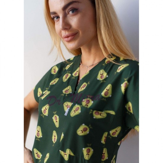 Yeşil Avokado Desenli Likralı (Esnek) Greys (Yarasa Kol) Cerrahi Takım