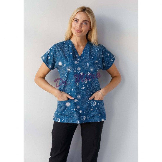 Tek Üst Güneş Ay Desenli Likralı (Esnek) Greys (Yarasa Kol) Cerrahi Takım