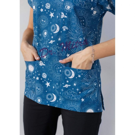 Tek Üst Güneş Ay Desenli Likralı (Esnek) Greys (Yarasa Kol) Cerrahi Takım