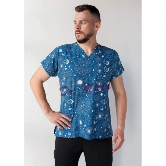 Tek Üst Güneş Ay Desenli Likralı (Esnek) Greys (Yarasa Kol) Cerrahi Takım