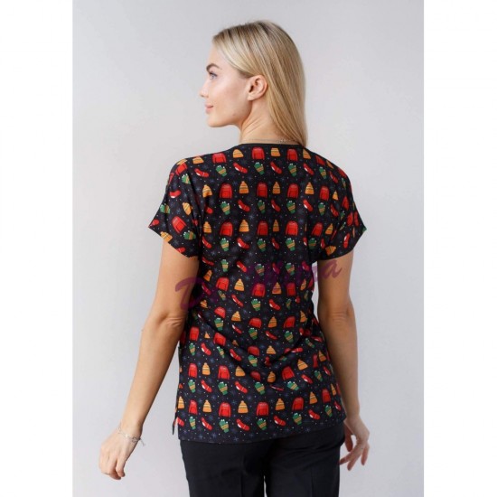 Yılbaşı Desenli Likralı (Esnek) Greys (Yarasa Kol) Cerrahi Takım