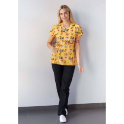 Sarı Veteriner Desenli Likralı (Esnek) Greys (Yarasa Kol) Cerrahi Takım