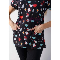 Siyah Maske Desenli Likralı (Esnek) Greys (Yarasa Kol) Cerrahi Takım