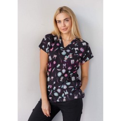 Siyah Diş Desenli Likralı (Esnek) Greys (Yarasa Kol) Cerrahi Takım