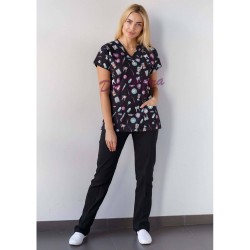 Siyah Diş Desenli Likralı (Esnek) Greys (Yarasa Kol) Cerrahi Takım