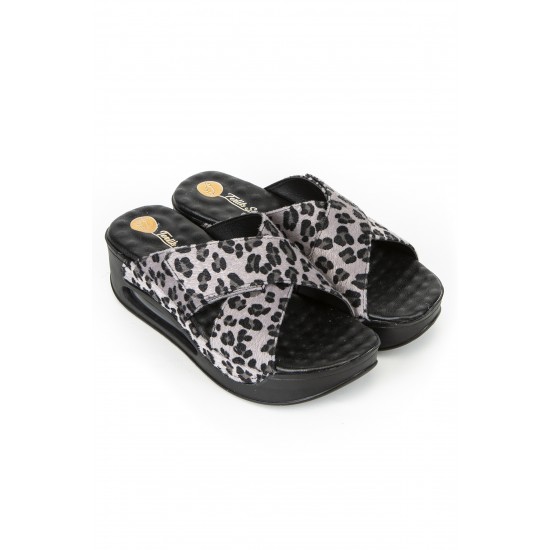 Gri Leopar Desenli Çapraz Air Sandalet Sabo Terlik