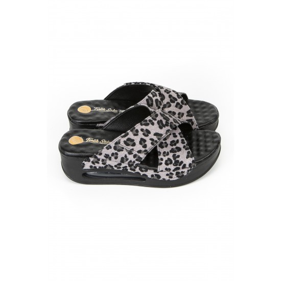 Gri Leopar Desenli Çapraz Air Sandalet Sabo Terlik