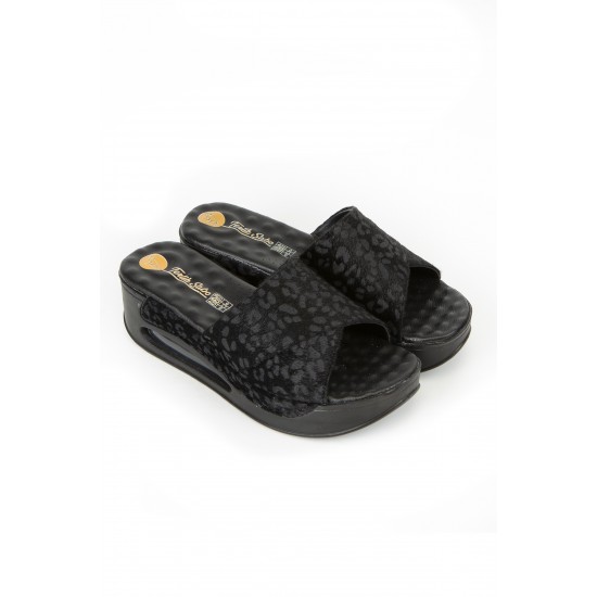 Siyah Leopar Desenli Tek Bant Air Sandalet Sabo Terlik