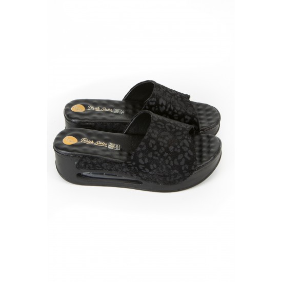 Siyah Leopar Desenli Tek Bant Air Sandalet Sabo Terlik